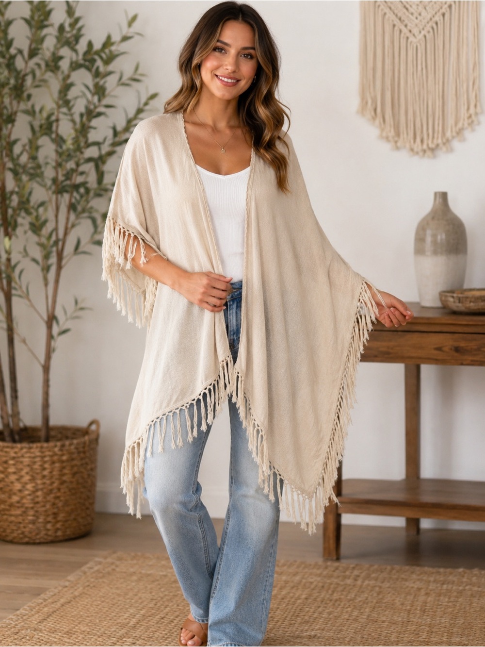 hazel Cream Lightweight Linen Cardigan with Scallop Trim Boho Neutral Festival